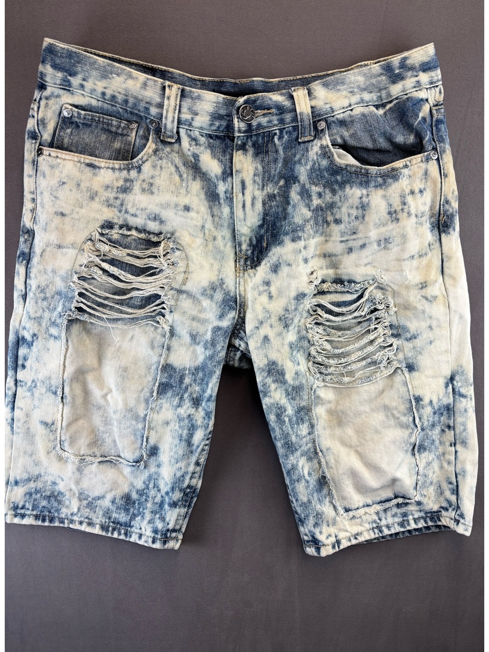 Lion Dynasty Acid Wash Ripped Patch  Distressed Denim Jean Shorts